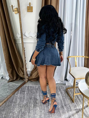 Washed Denim Cropped Jacket Mini Skirt Set