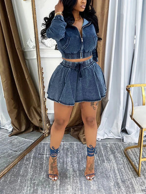 Washed Denim Cropped Jacket Mini Skirt Set