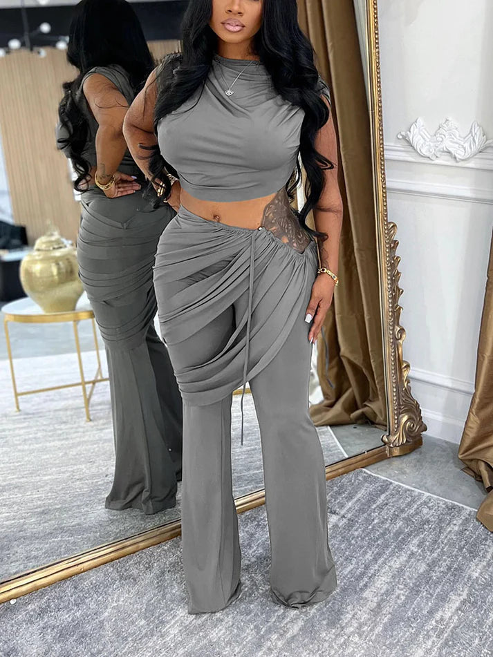 Crop Top Cutout Draped Pants Set