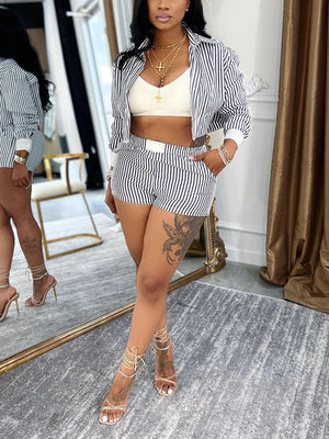 Striped Cropped Shirt Shorts Set