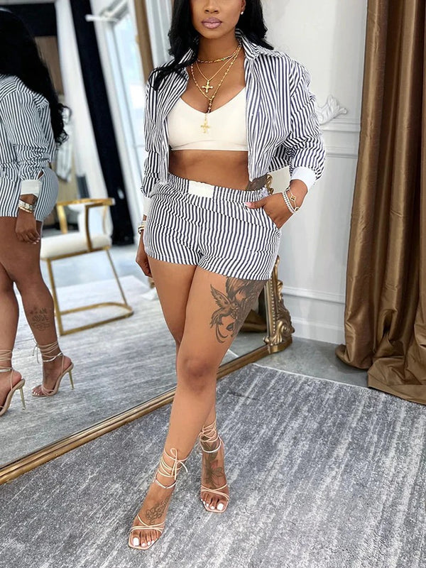 Striped Cropped Shirt Shorts Set