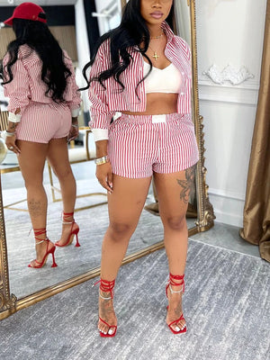 Striped Cropped Shirt Shorts Set