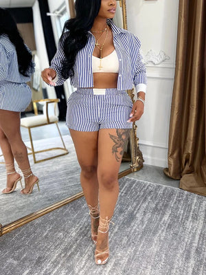 Striped Cropped Shirt Shorts Set