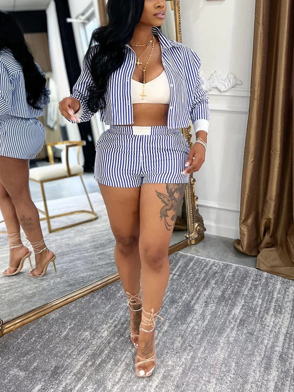 Striped Cropped Shirt Shorts Set