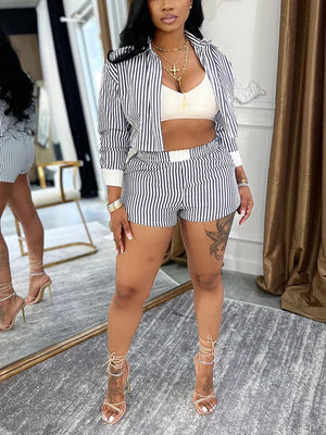 Striped Cropped Shirt Shorts Set