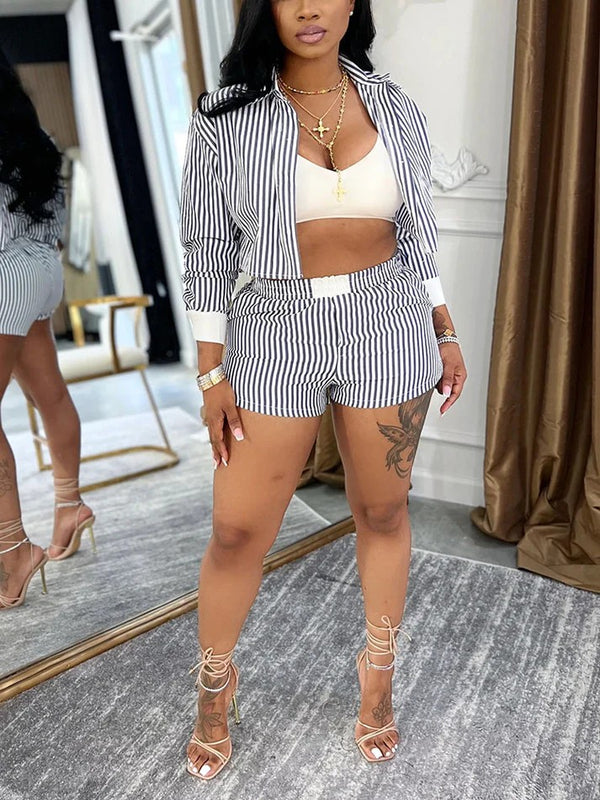 Striped Cropped Shirt Shorts Set