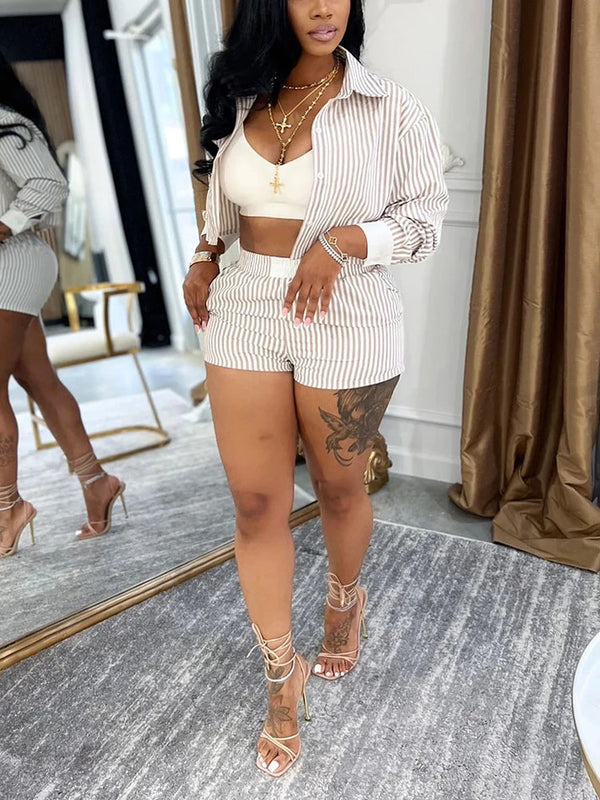 Striped Cropped Shirt Shorts Set