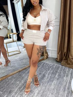 Striped Cropped Shirt Shorts Set