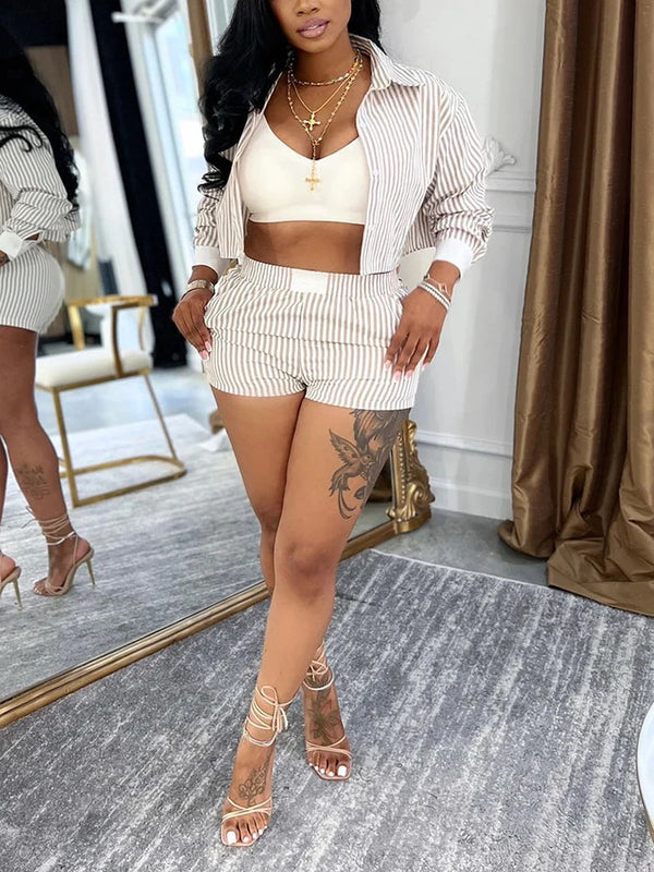 Striped Cropped Shirt Shorts Set