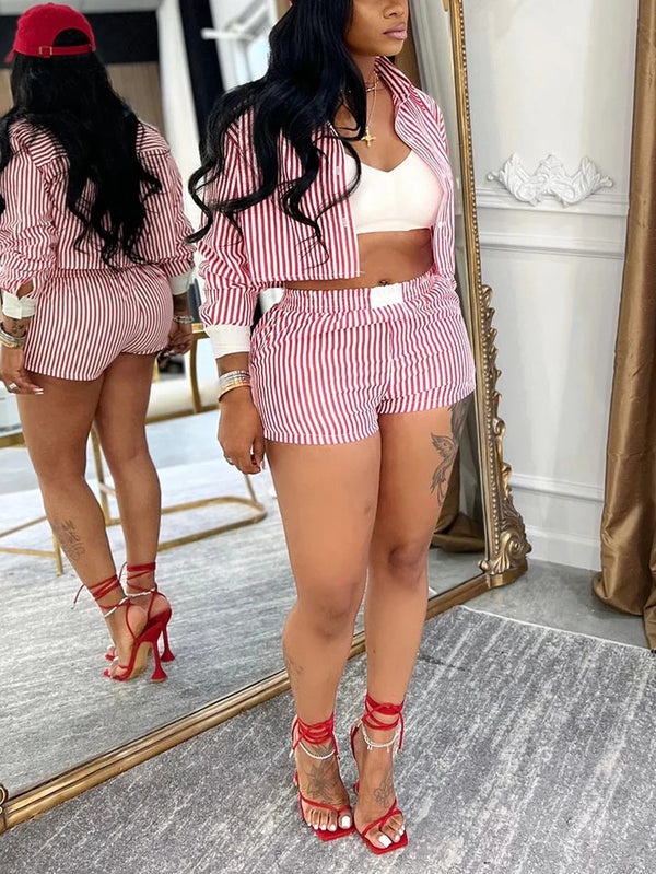 Striped Cropped Shirt Shorts Set