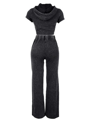 Washed Crop Hoodie Wide Pants Set