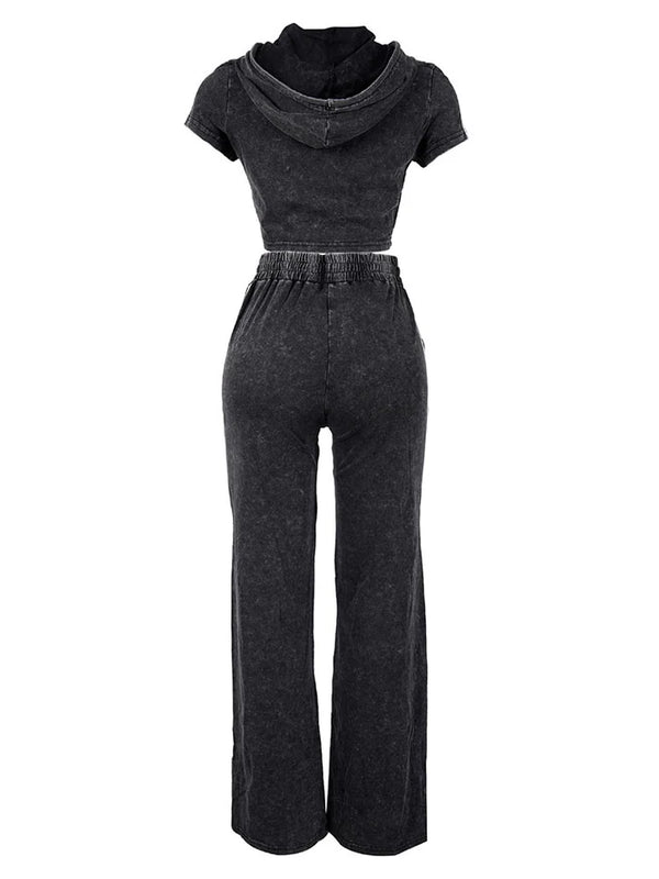 Washed Crop Hoodie Wide Pants Set
