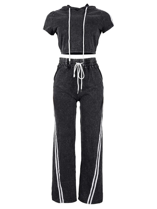 Washed Crop Hoodie Wide Pants Set
