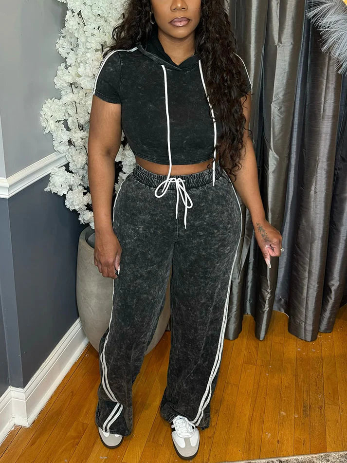 Washed Crop Hoodie Wide Pants Set