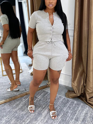 Ribbed Button Top Drawstring Shorts Set