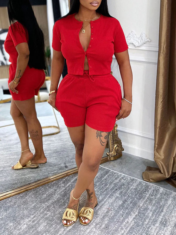 Ribbed Button Top Drawstring Shorts Set
