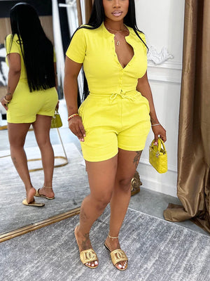 Ribbed Button Top Drawstring Shorts Set