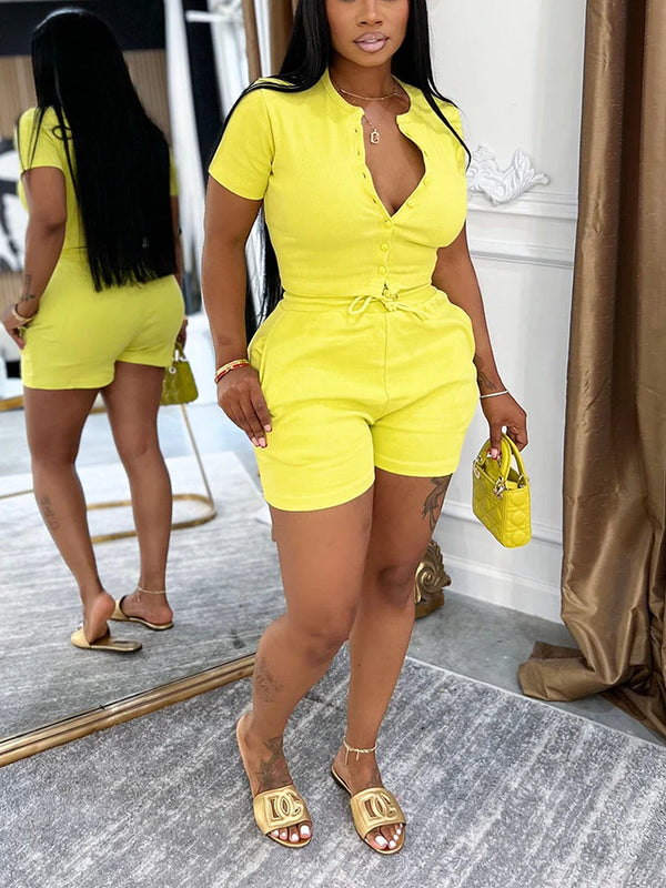 Ribbed Button Top Drawstring Shorts Set