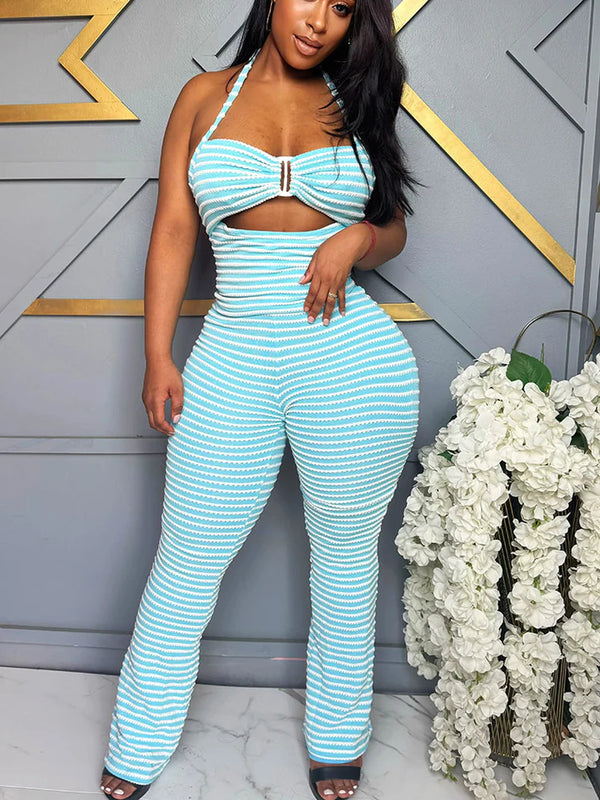 Fresh Striped Halter Top Pants Set