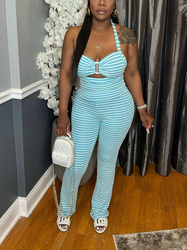 Fresh Striped Halter Top Pants Set