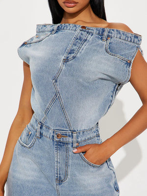 Asymmetric Off-Shoulder Denim Jumpsuit