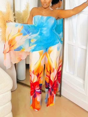 Vibrant Floral Tube Top Wide Pants Set