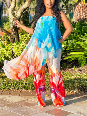 Vibrant Floral Tube Top Wide Pants Set
