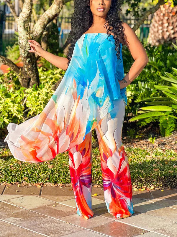 Vibrant Floral Tube Top Wide Pants Set