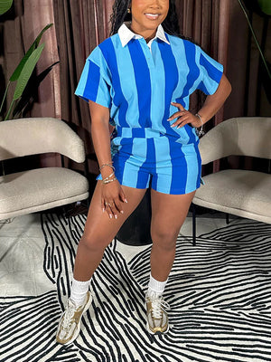 Striped Polo Top Shorts Set