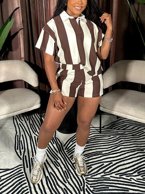 Striped Polo Top Shorts Set