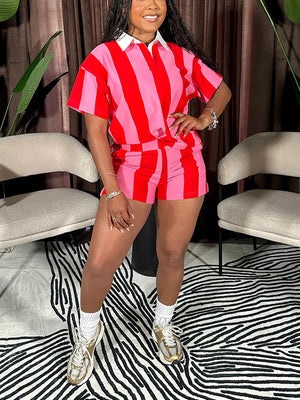 Striped Polo Top Shorts Set