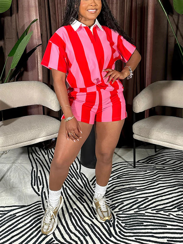Striped Polo Top Shorts Set