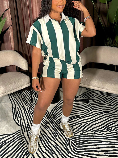 Striped Polo Top Shorts Set