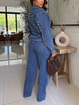 Full Button Denim Jacket Jeans Set