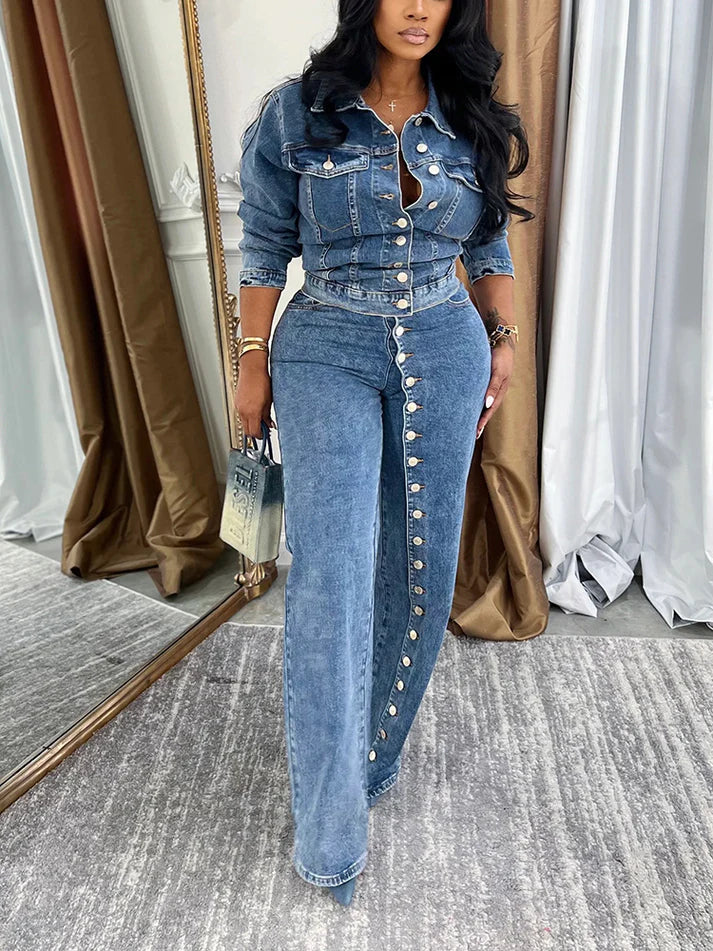 Full Button Denim Jacket Jeans Set