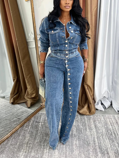 Full Button Denim Jacket Jeans Set