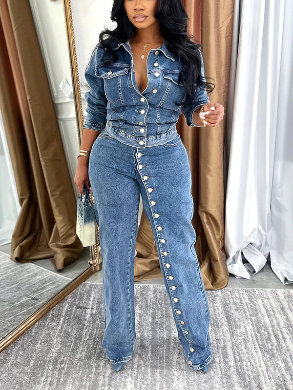 Full Button Denim Jacket Jeans Set