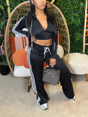 Stripes Crop Hoodie Wide Pants Set
