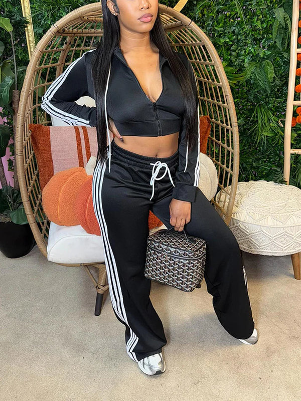 Stripes Crop Hoodie Wide Pants Set