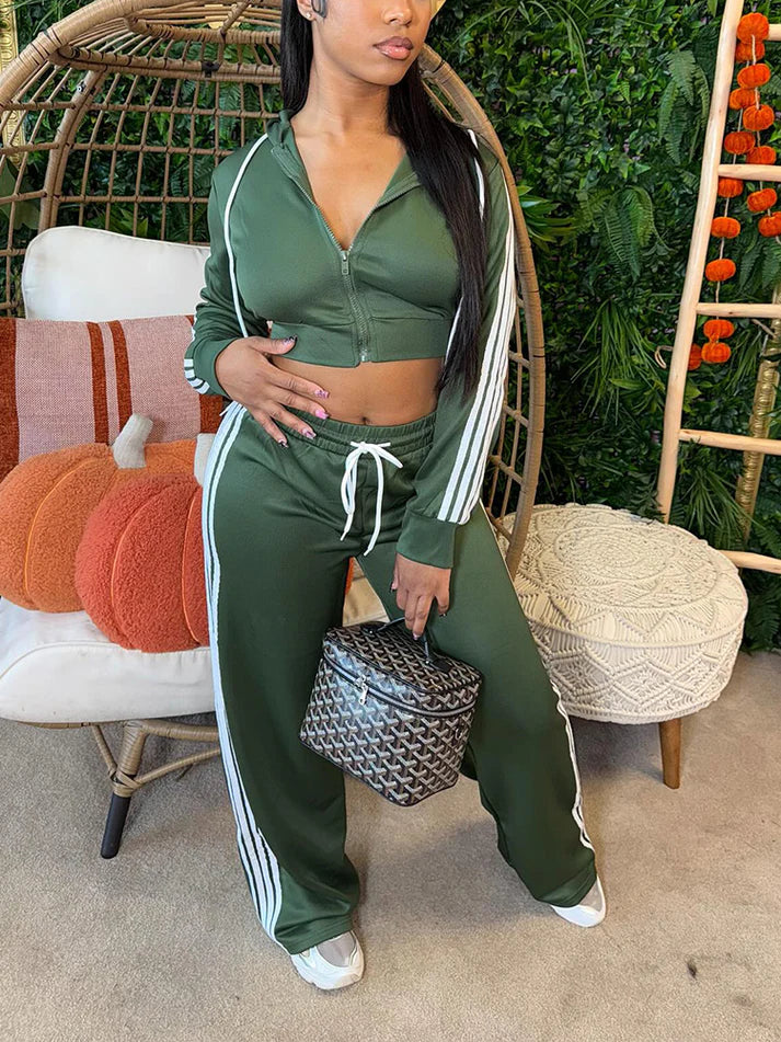 Stripes Crop Hoodie Wide Pants Set