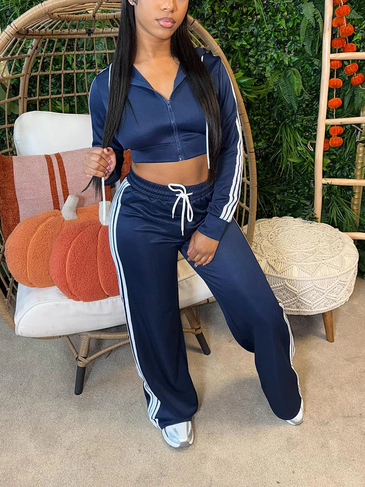 Stripes Crop Hoodie Wide Pants Set
