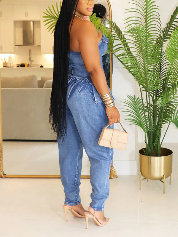 Strapless Ruched Denim Jumpsuit
