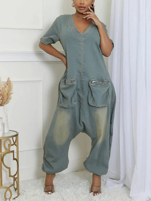 Denim Loose Cargo Jumpsuit
