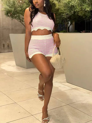 Striped Knit Tank Crop Top Shorts Set