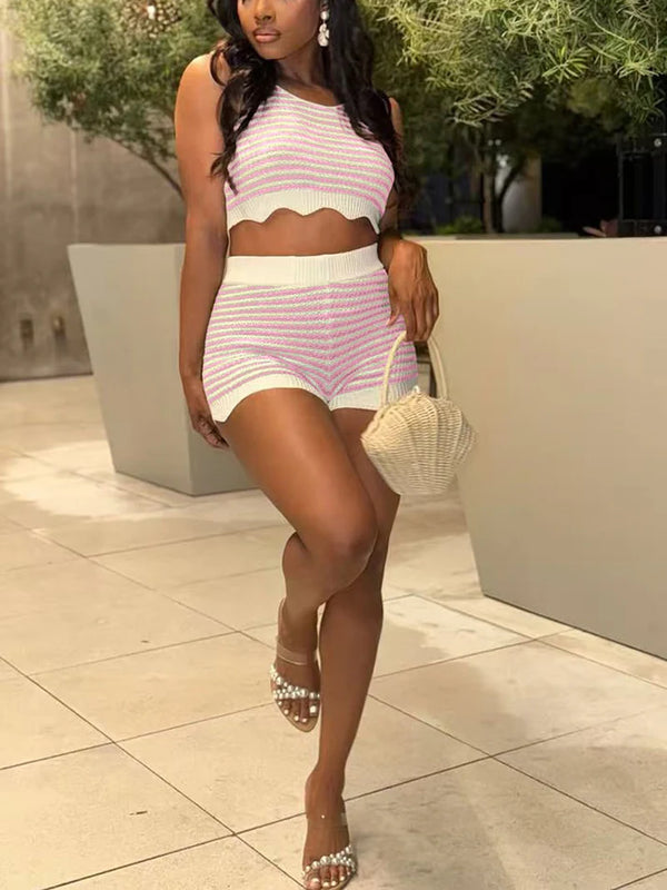 Striped Knit Tank Crop Top Shorts Set