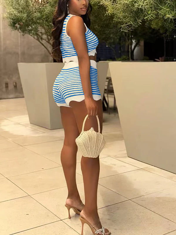 Striped Knit Tank Crop Top Shorts Set