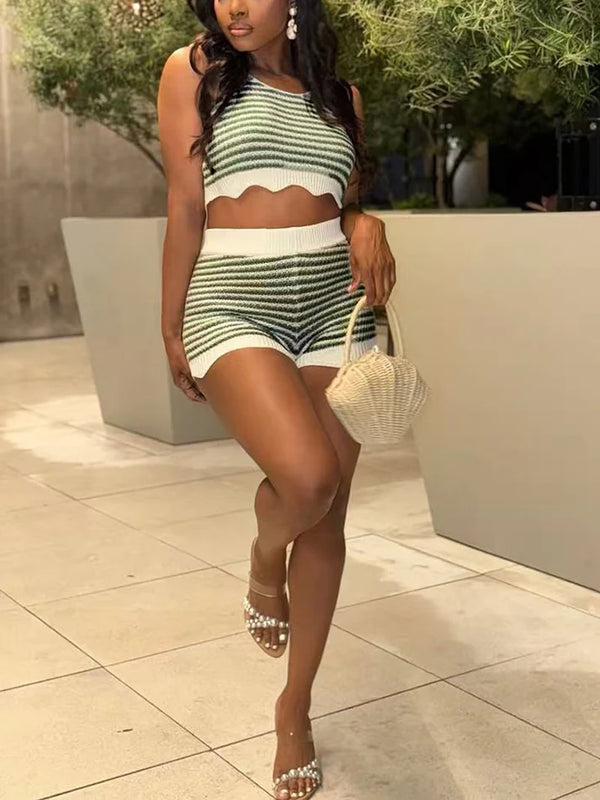 Striped Knit Tank Crop Top Shorts Set
