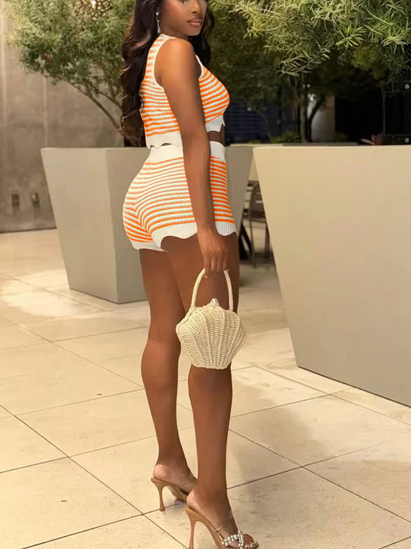 Striped Knit Tank Crop Top Shorts Set