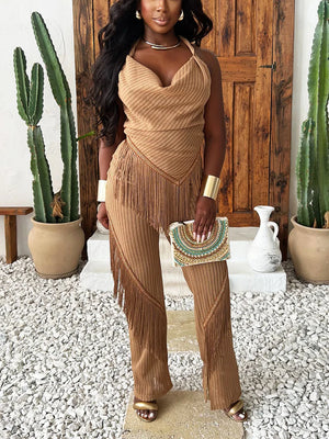 Fringe Halter Top Pants Set