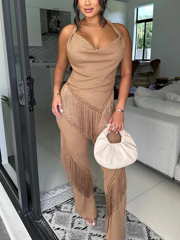 Fringe Halter Top Pants Set